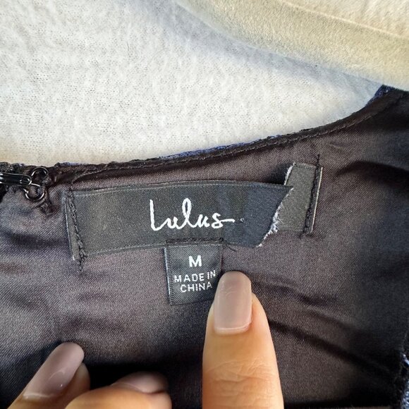 Lulus Dress Womens Medium Blue Black Lace Ruffle Tiered Maxi Formal Party - Picture 2 of 13